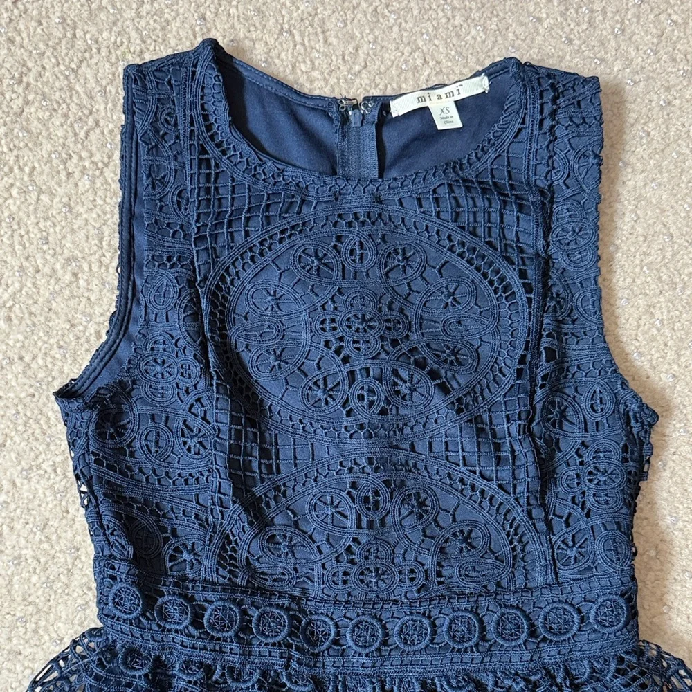 Chic Navy Lace Midi Dress - Picture 2 of 5